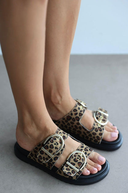 LEOPARD Double Buckle Detailed Women's Slippers