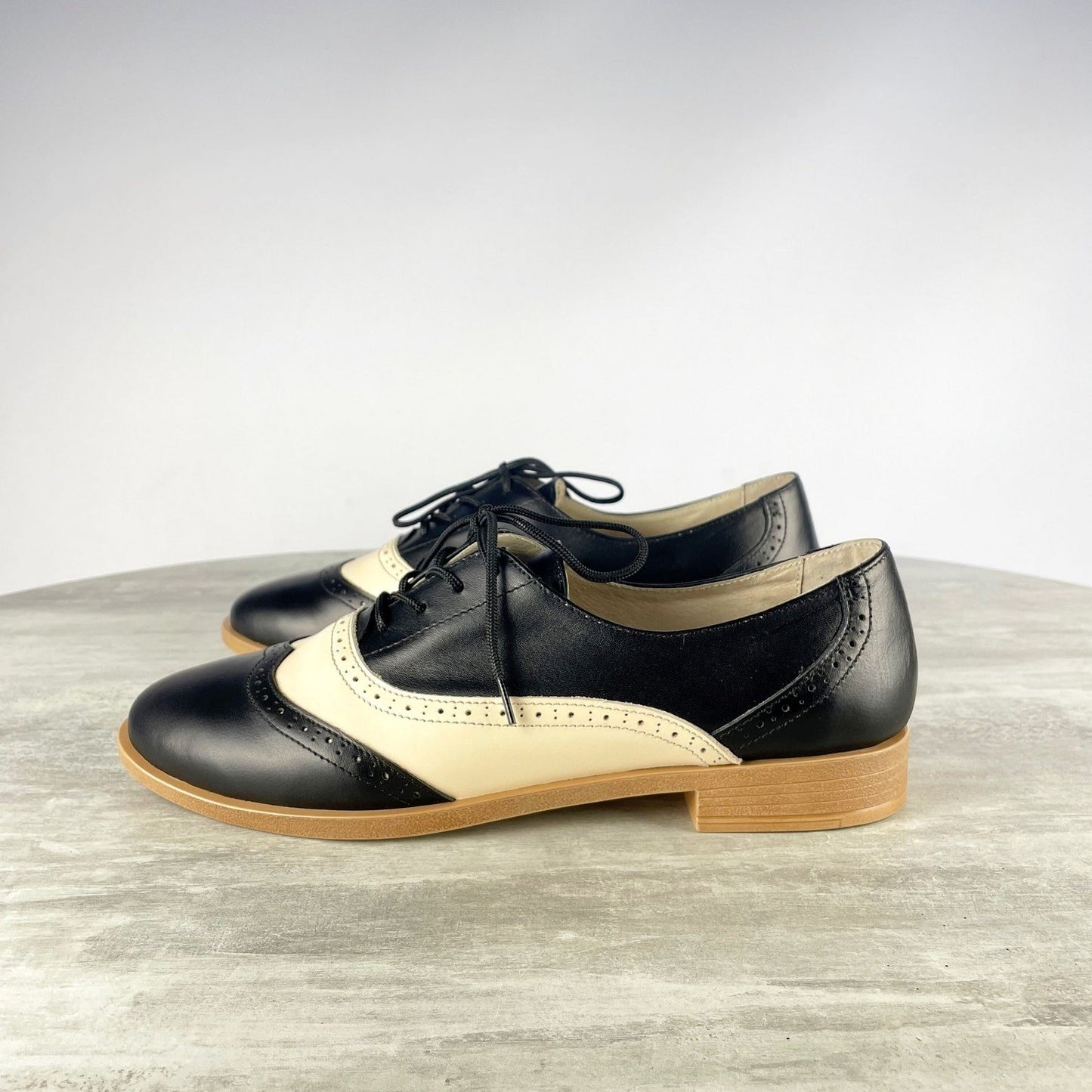 Black and Beige Leather Oxford Flats