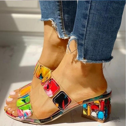 Women's Rainbow Square Heel Crystal Sandals