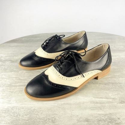 Black and Beige Leather Oxford Flats