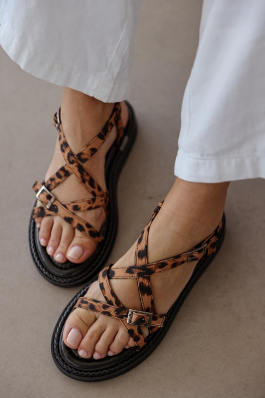 Leopard Cross Strap Detailed Women's Sandals