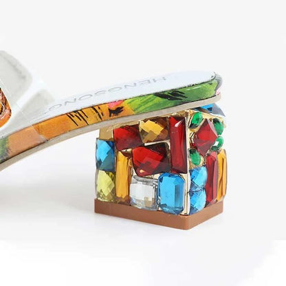 Women's Rainbow Square Heel Crystal Sandals