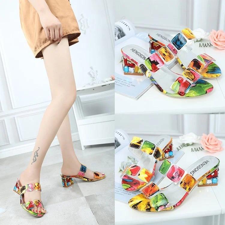 Women's Rainbow Square Heel Crystal Sandals