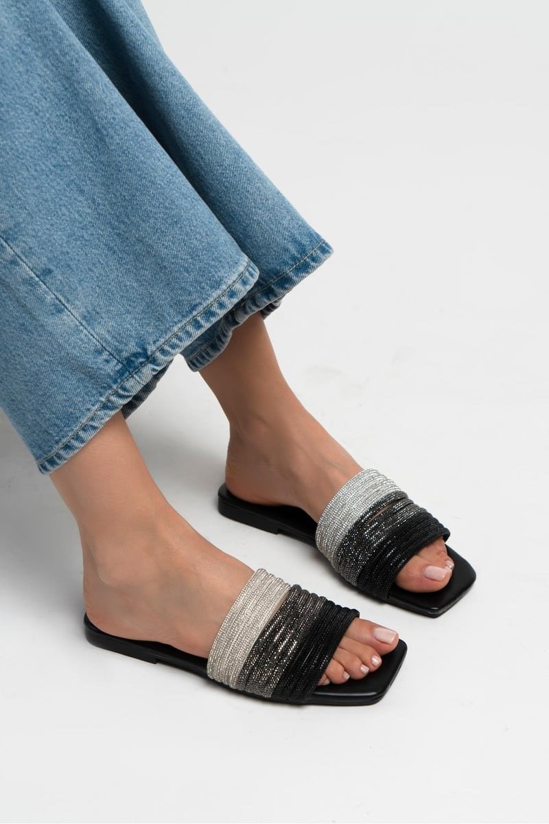 Colorblock Square Toe Slide Sandals