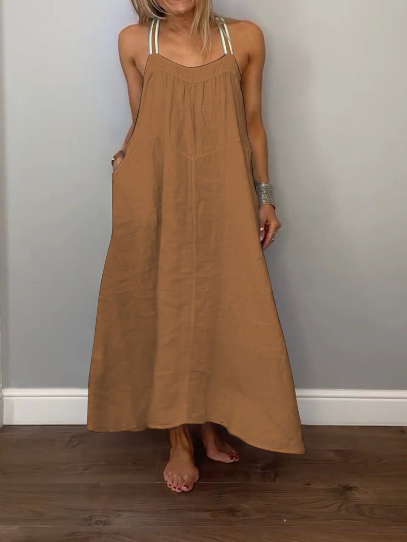 Solid Cotton and Linen Slip Dress