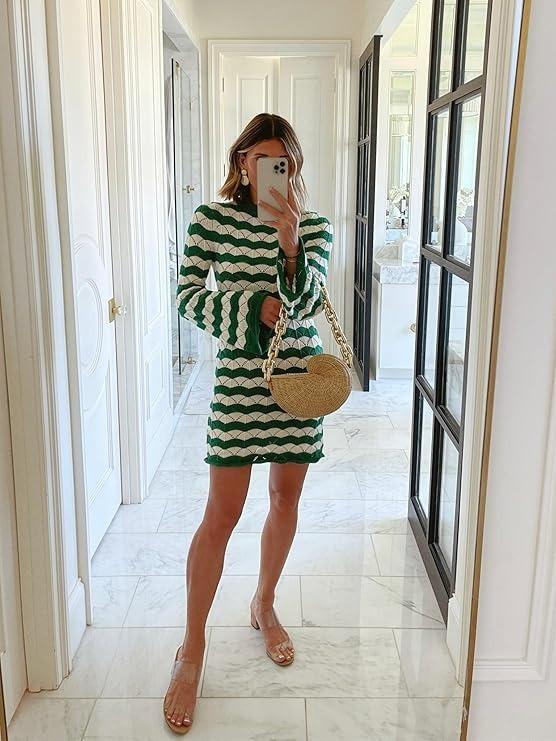 Long Sleeve Crochet Knit Coverup Striped Mini Dress