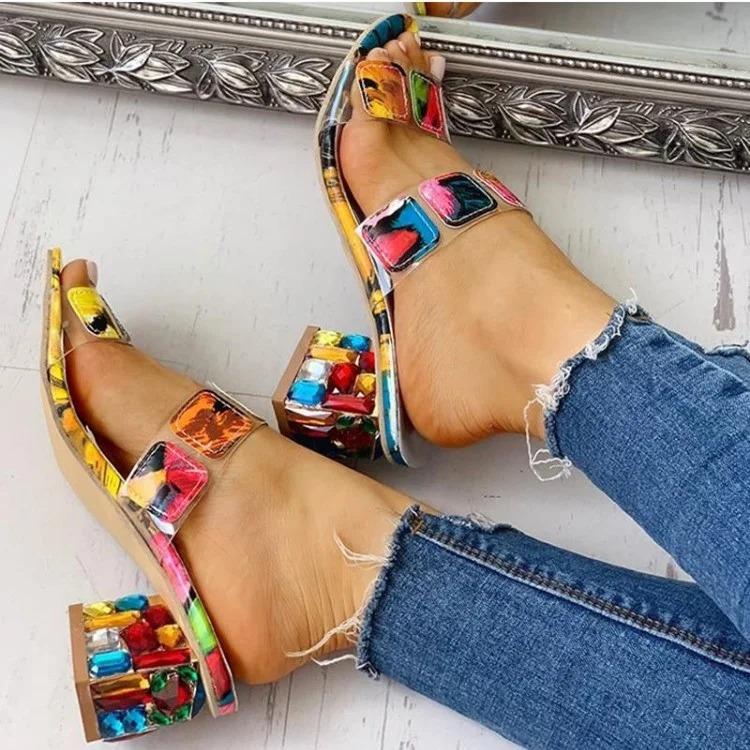 Women's Rainbow Square Heel Crystal Sandals