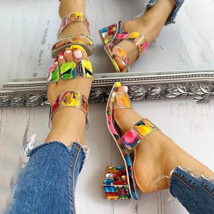 Women's Rainbow Square Heel Crystal Sandals