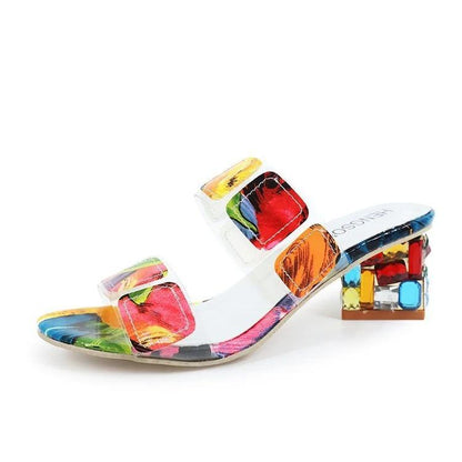 Women's Rainbow Square Heel Crystal Sandals