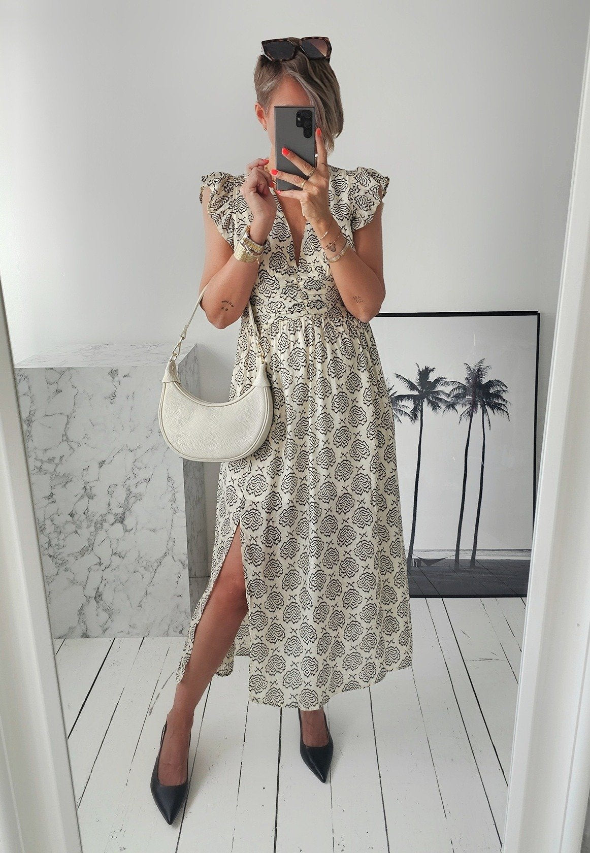 Beige Sleeveless Printed Dress