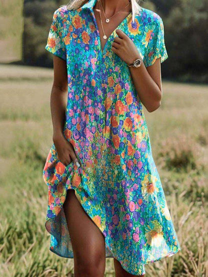 Youthful V-Neck Floral Print Mini Dress