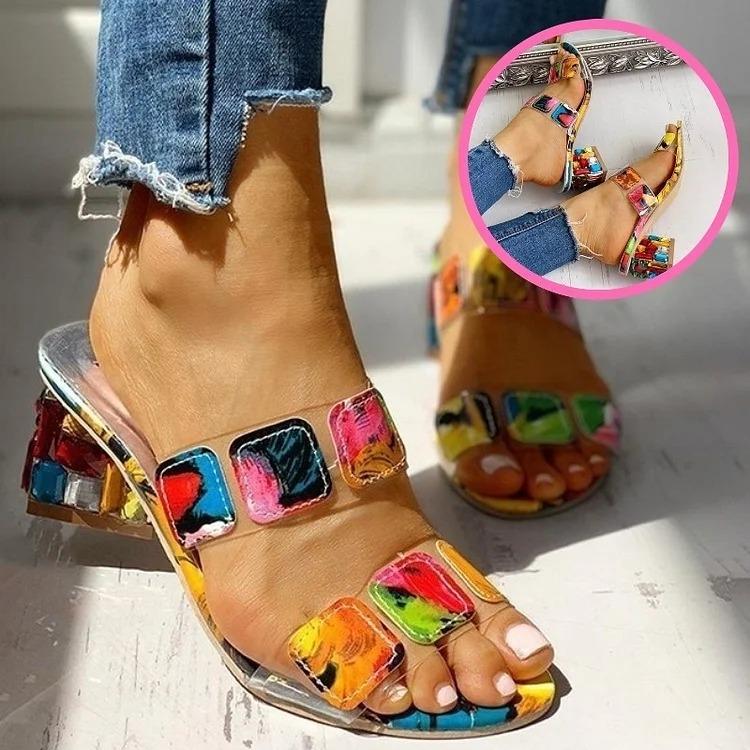 Women's Rainbow Square Heel Crystal Sandals