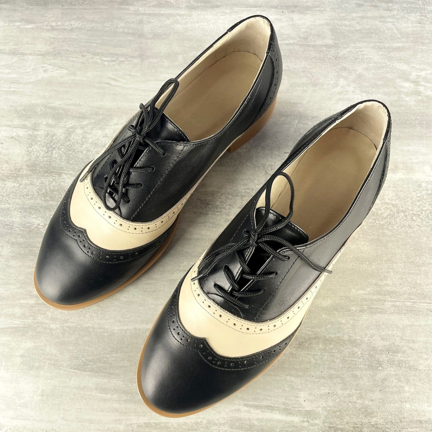 Black and Beige Leather Oxford Flats