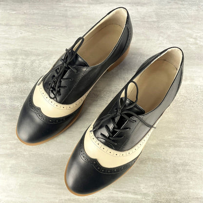 Black and Beige Leather Oxford Flats