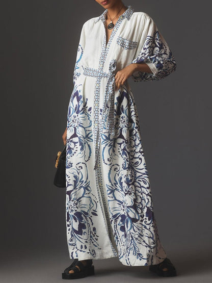 Patchwork Printed Button-Front Belted Maxi Shirt Dress