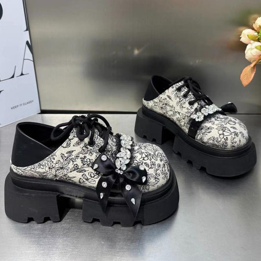 Rhinestone Retro Print Thick Sole Shoes