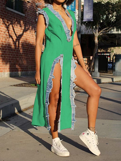 Fashion Denim Sleeveless Slit Deep V Neck Dress