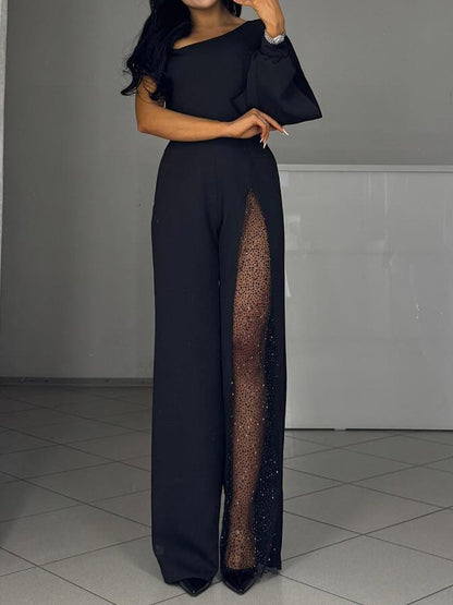 Fashion One-shoulder Sexy Mesh Stitching Jumpsuit