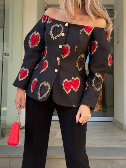 Off Shoulder Love Printed Lantern Sleeve Jacket