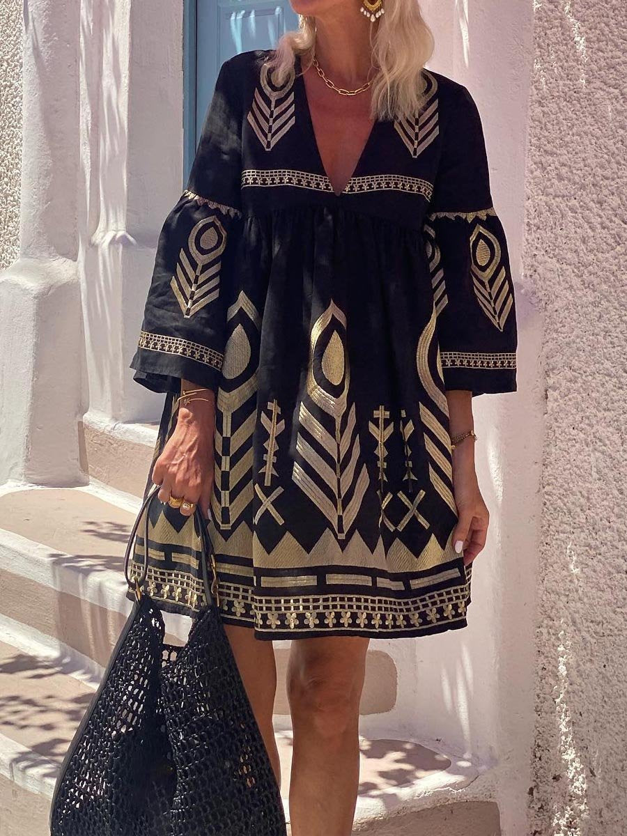 V Neck Loose Printed  Bohemia Mini Dress