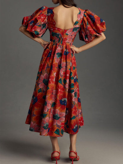 Floral-print Cutout Pleated Dress