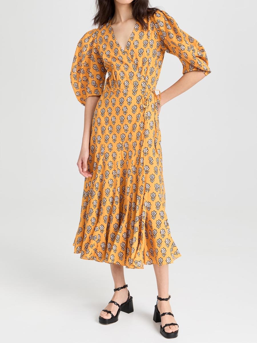 Floral Print Flounce Hem Wrap Dress