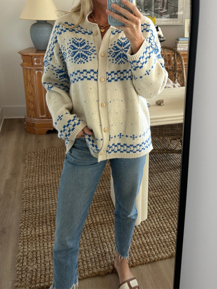 Shawl Collar Snowflake Knitted Loose Casual Sweater