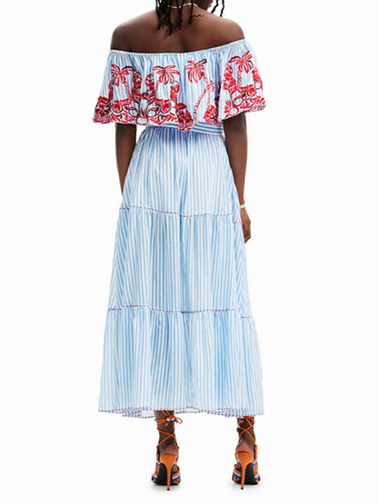 Off Shoulder Striped Print Lace Up Maxi Dress