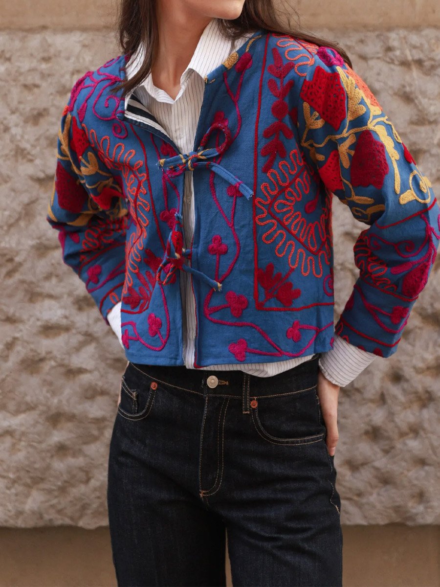 Embroidered Printed Tie Up Jacket