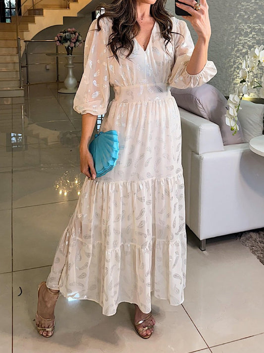 Hot Stamping V Neck Long Sleeve Chiffon Dress