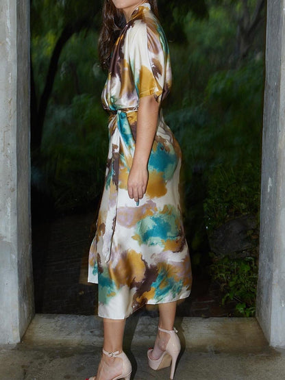 Printed V Neck Wrap Midi Dress