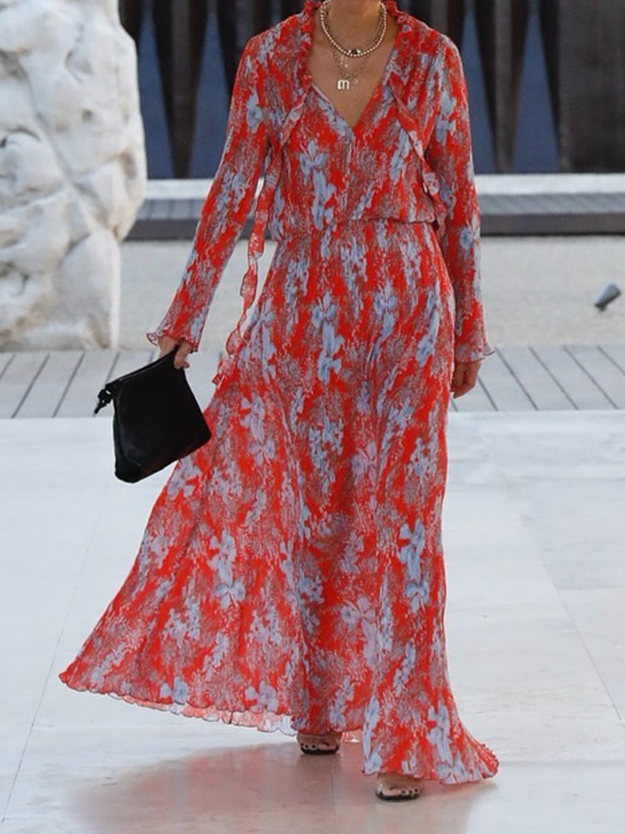 Printed V Neck Ruffled Pleated Maxi Dress