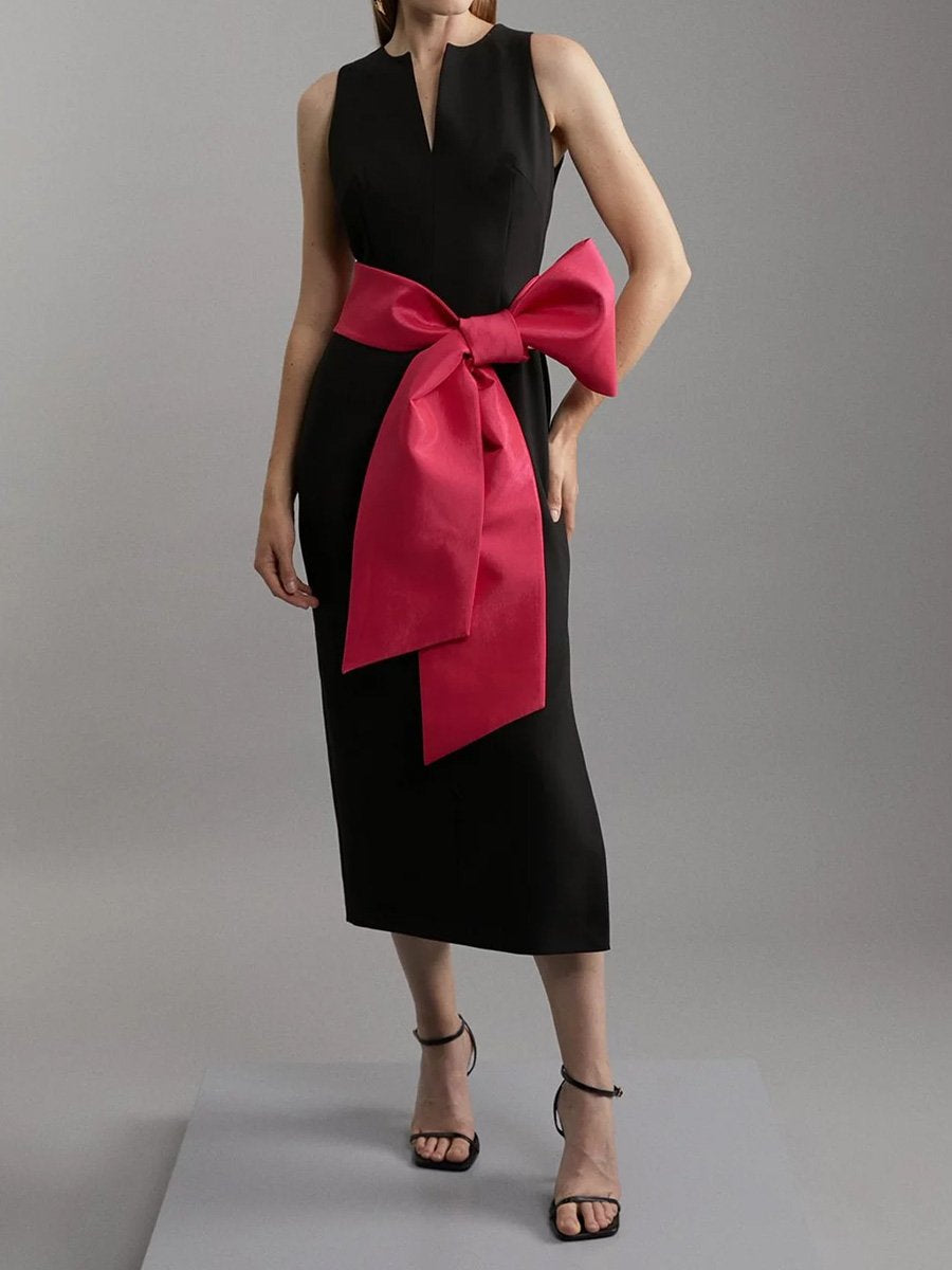 Clean Tailored Contrast Bow Tie Waist Midi Dress