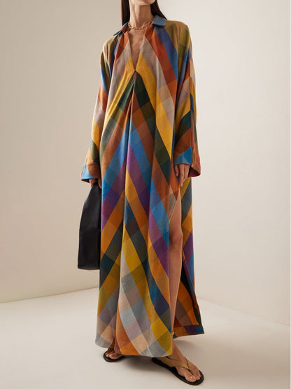 Loose Long Sleeve Color Block Side Split V Neck Maxi Dress