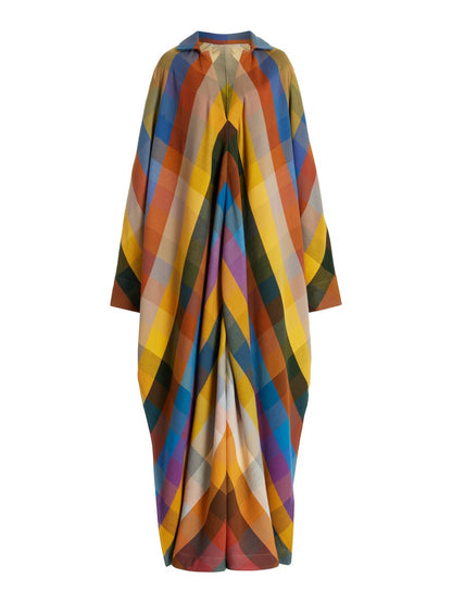 Loose Long Sleeve Color Block Side Split V Neck Maxi Dress