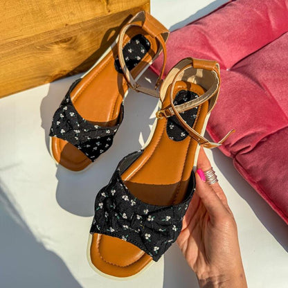 Bow Buckle Patchwork Flat Sandals