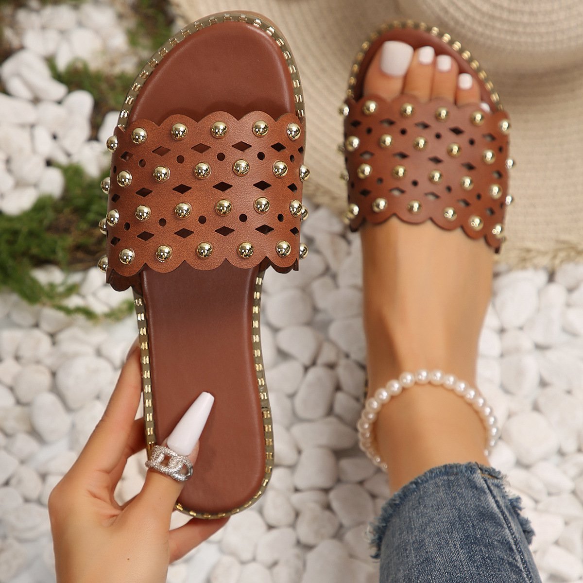 Summer Beach Casual Flats With Faux Pearl