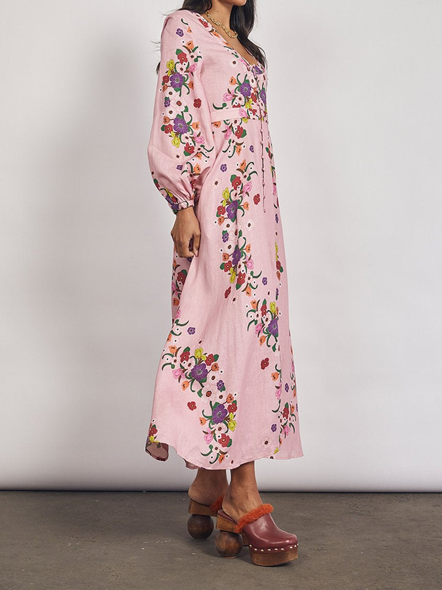 Deep V Neck Floral Print Long Sleeve Dress