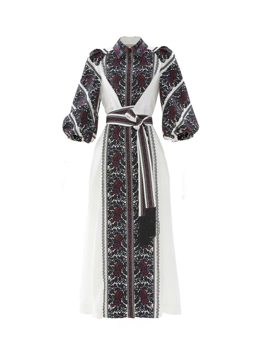 Placement Print Long Sleeve Belted Shirtdress