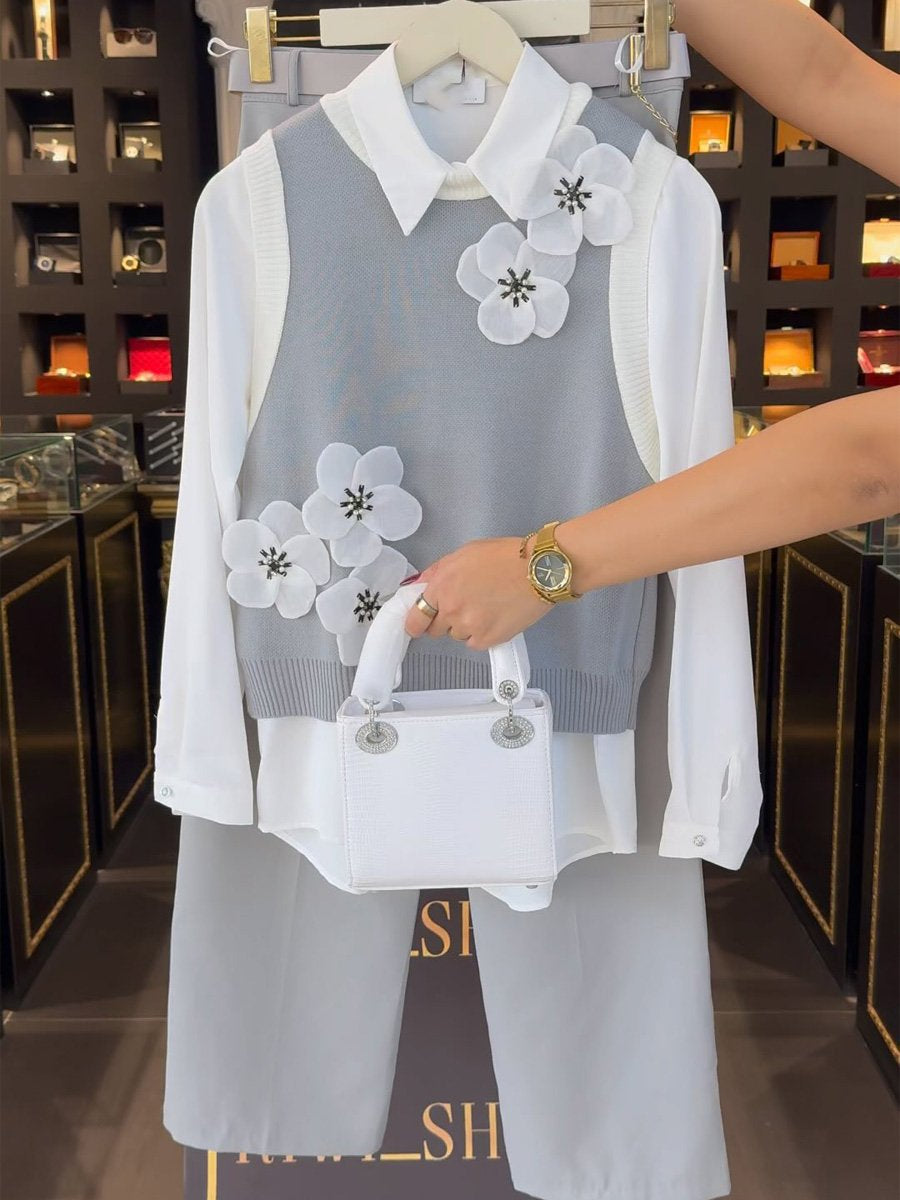 3D Flower Patchwork Fake Two-piece Shirt