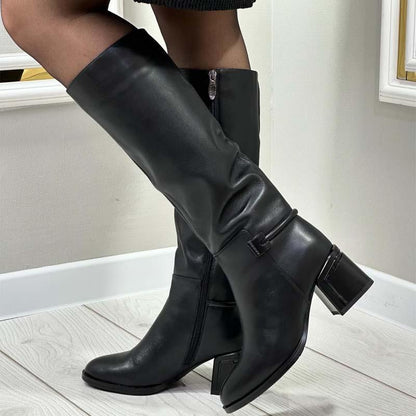 Fleece-lined Thick-Heel Side-Zip High Boots