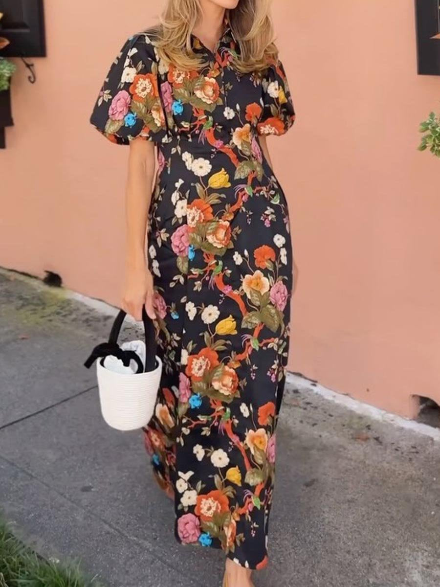 Floral Print Puff Sleeve Midi Shirtdress