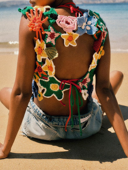 Floral Crochet Backless Crop Top