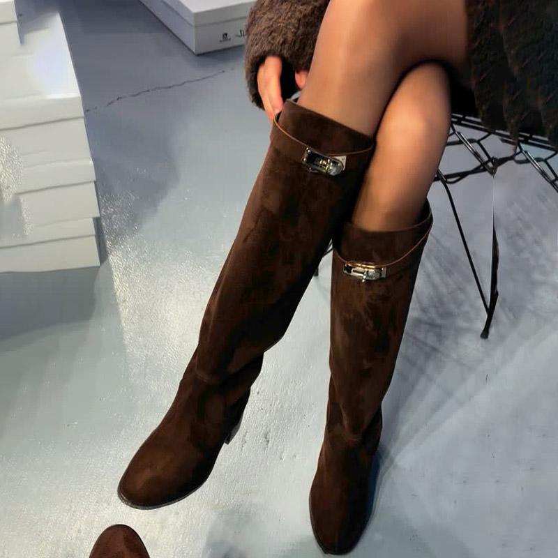 Round-Toe Thick-Heel Suede Boots