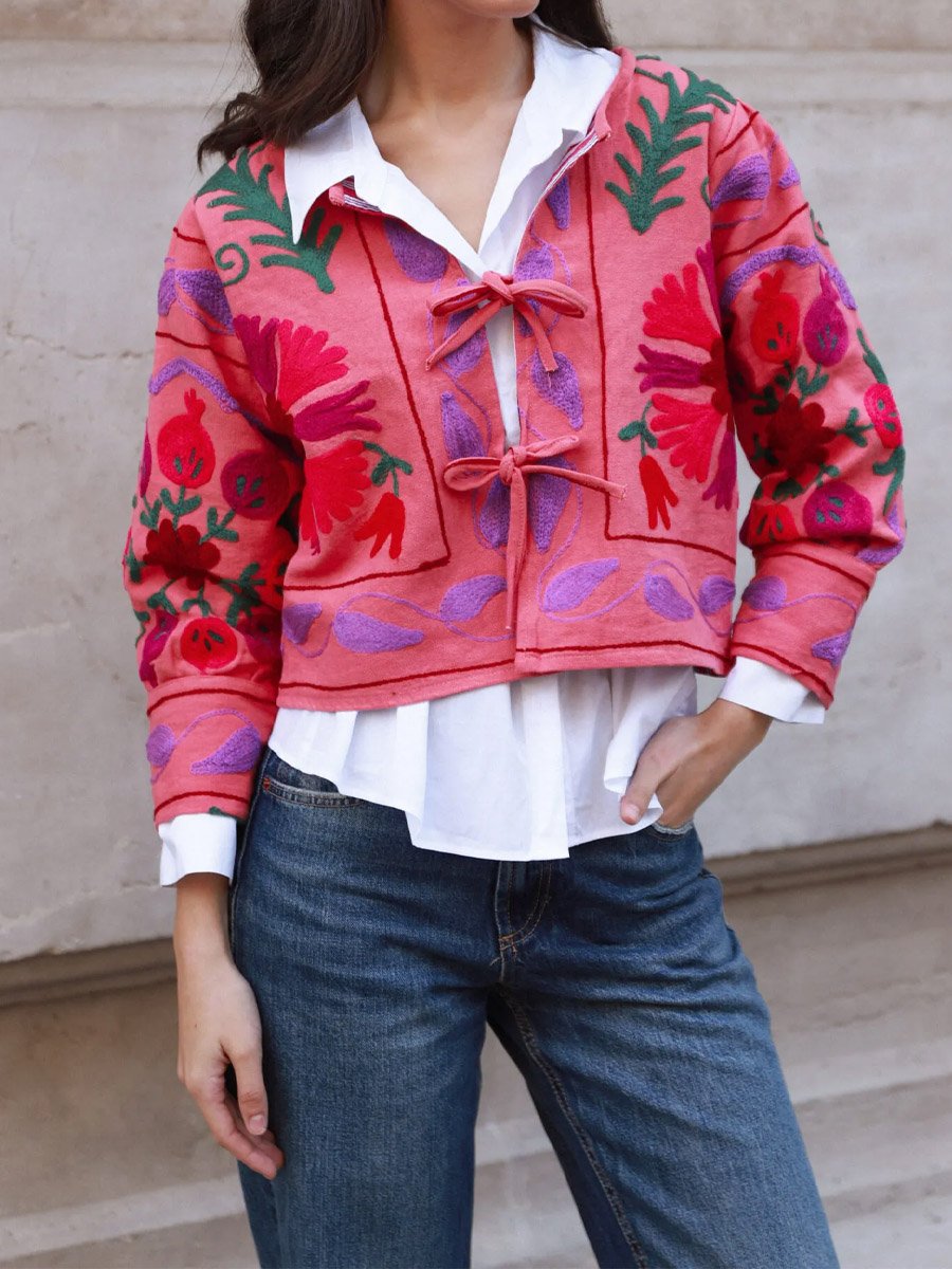 Embroidered Printed Tie Up Jacket