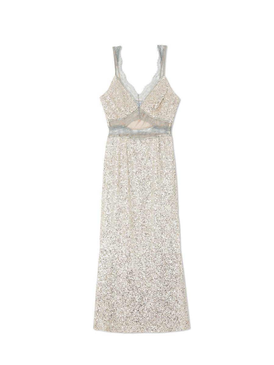 Deep V Neck Sequined Sleeveless Cutout Dress