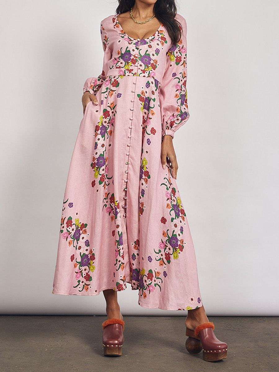 Deep V Neck Floral Print Long Sleeve Dress