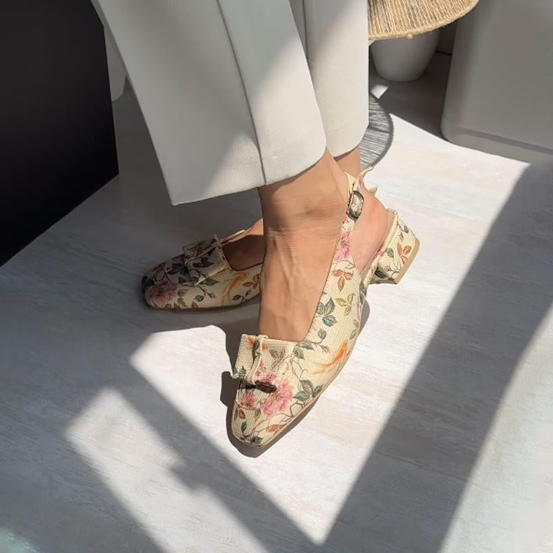 Square-toe Floral-print Low-heel Shoes