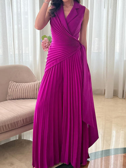 Fashion Lapel Pleated Sleeveless Wide Leg Jumpsuit