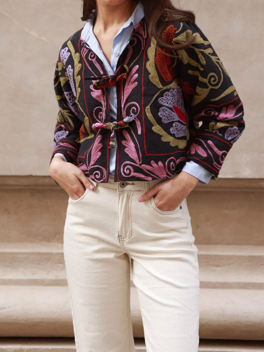 Embroidered Printed Tie Up Jacket